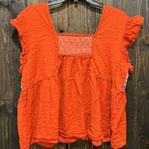 Anthropologie THML Embroidered Ruffle Top L Orange Smocked Aztec Geometric Boho - Picture 5 of 9